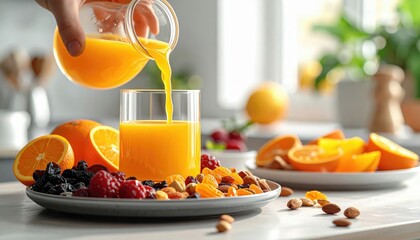 Orange juice pouring into glass with fruit and nuts on kitchen table during the day