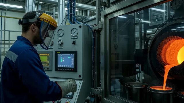 Man in protective shield controls machinery, pouring liquid metal from furnace in manufacturing heavy industry footage.