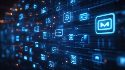 Obraz premium Dynamic digital interface displays glowing abstract icons and data streams perfect for tech and business concepts, Generative AI.