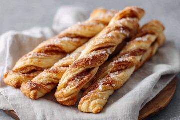 Freshly baked cinnamon sugar puff pastry twists on linen napkin close-up. Cinnamon Roll Twists for Weekend Baking, concept of homemade baked pastry delight