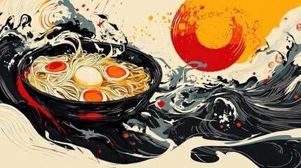 A vibrant illustration of a bowl of noodles with eggs, surrounded by swirling waves and a bold sun backdrop.