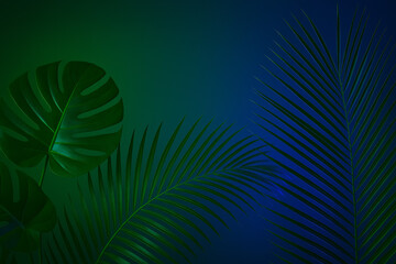 Lush Green Leaves: Palm and monstera leaves, bathed in a vibrant emerald and sapphire gradient, create a mesmerizing visual display