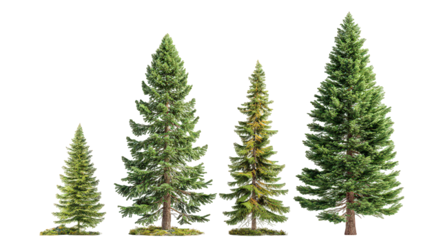 Five Evergreen Trees of Varying Heights on Transparent Background