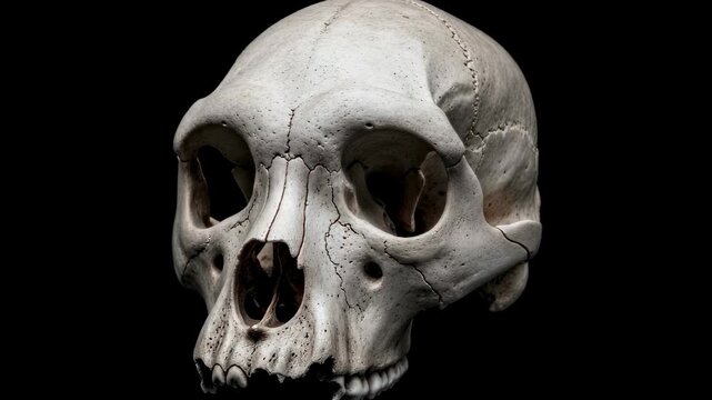 Ancient primate skull. Close up view of monkey skull. Anatomy, biology, natural history, or macabre Halloween concept.