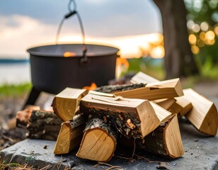 Campfire and cooking pot at sunset