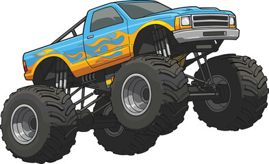 Monster truck illustration, colorful off road vehicle, extreme sports design, big wheels, flame decals, cartoon style, powerful suspension, action pose © Creatives Sakib