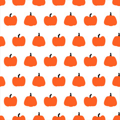 Simple seamless pumpkin pattern in an ordered grid layout. Hand drawn autumn background with rows of gourds for fall, harvest, or Halloween textile prints.