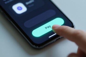 Obraz premium A hand pressing a digital payment button on a smartphone screen.