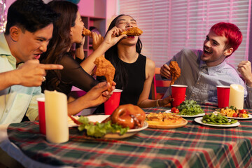 Dinner and group of people toast celebration together at party.