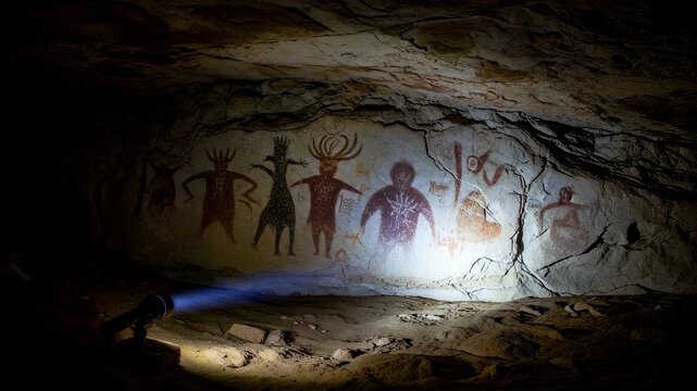 Flashlight illuminating ancient cave painting showing primitive drawing of human and animal figures on rock wall, primitive art footage.
