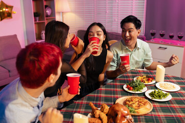Dinner and group of people toast celebration together at party.