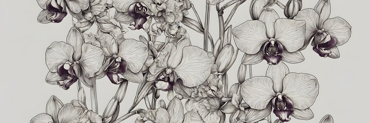 Black and White Orchid Illustration with Detailed Flower Blooms and Leaves for Artistic or Botanical Decor