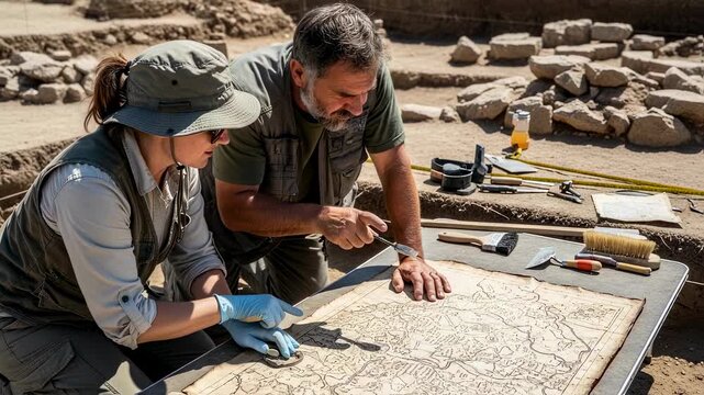 Woman and man archaeologists examining old map in archaeological dig site. Professional archaeologists exploring ancient history footage.