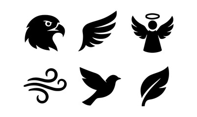 Naklejka premium Set of black silhouette icons: angel, eagle, bird, wing, wind, leaf symbols