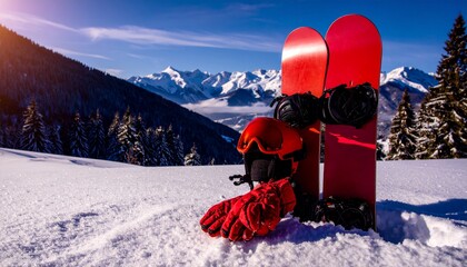 Snowboard in the beautiful snow mountain, winter and Christmas holiday season