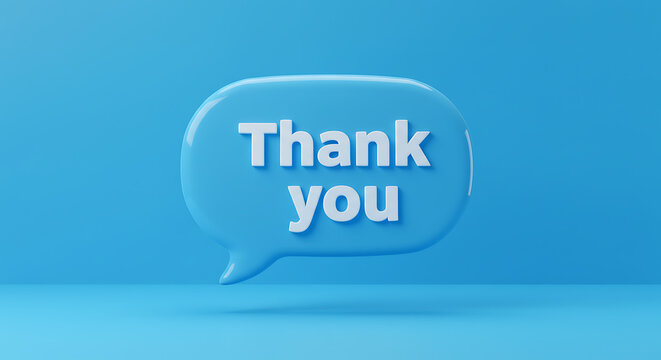 A thank you message in a speech bubble on a bright blue background.