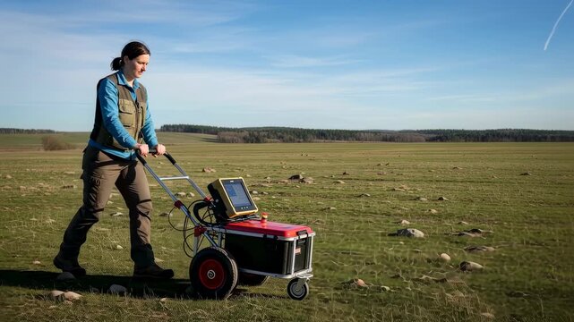 Woman operating a ground penetrating radar system in a field. Geophysics exploration and archaeological survey concept footage.