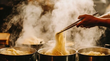 A hand using chopsticks to lift steaming noodles from a pot, surrounded by mist, capturing the essence of a vibrant culinary experience.