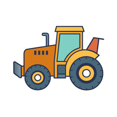 Stylized orange tractor with blue wheels and teal windows on transparent background