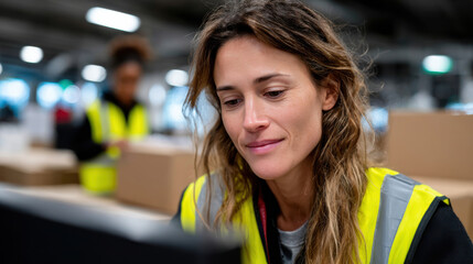 A dedicated worker in a reflective vest is intently focused on their computer inside a bustling warehouse, emphasizing the crucial role of technology in logistics.