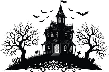 Haunted house on hill with bats flying, spooky dead trees, graveyard tombstones, creepy gothic silhouette Halloween vector illustration design