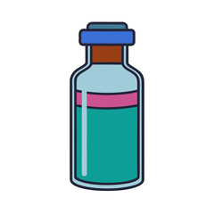 Stylized illustration of a medicine vial with blue cap and colorful liquid