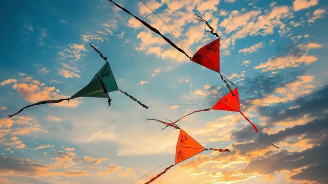 Colorful kites soaring high above vibrant sky on holiday composition