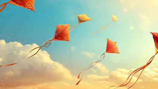 Colorful kites soaring high above vibrant sky on holiday composition
