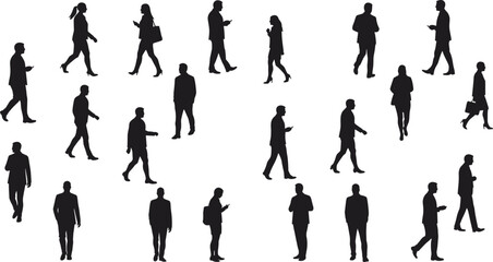 Silhouette of business people walking, group of professionals commuting, urban crowd on white background, corporate lifestyle, modern workforce diversity