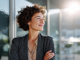 Smiling businesswoman looking away with hope and positivity