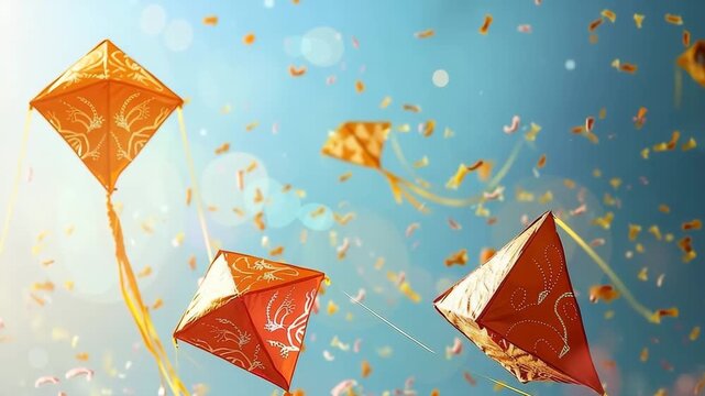 Colorful kites soaring high above vibrant sky on holiday composition