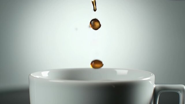 Pouring Coffee Into A White Mug Against Soft Gray Background
