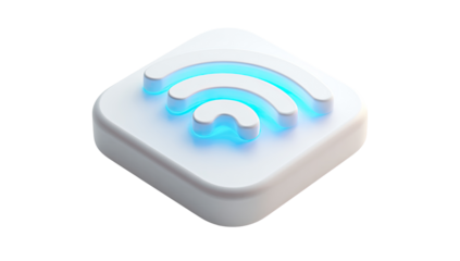 3D white square icon, glowing blue Wi-Fi symbol