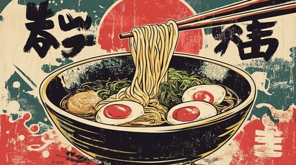 A colorful illustration of a bowl of ramen, featuring noodles, eggs, and a vintage aesthetic reminiscent of Japanese cuisine.