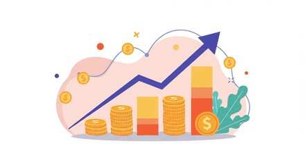 Financial growth chart with rising arrow and increasing stacks of gold coins, symbolizing investment success and business profit.