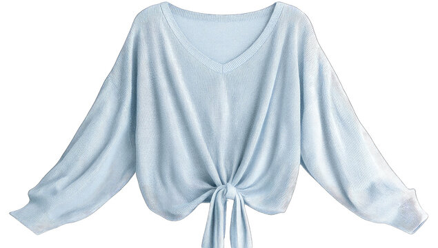 Light-blue, cropped, v-neck sweater with knotted back