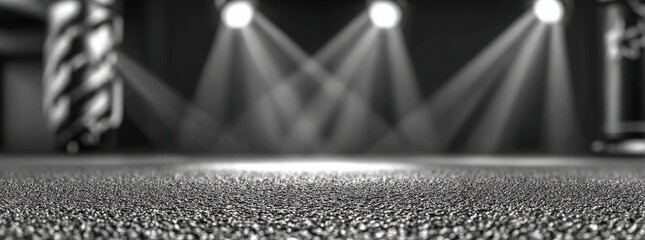 Black and white image of a textured floor, spotlighting a stage