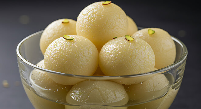 Bowl of Rasgulla dessert made of chhena and sugar syrup. Traditional Bengali sweet dish garnished with pistachio. Soft white spongy balls in glass bowl on dark background. Indian festive confectionery
