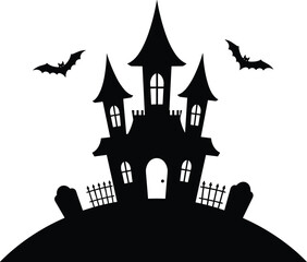 Haunted house silhouette with flying bats and graveyard on hill, spooky Halloween castle vector, dark eerie scary night illustration