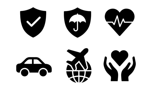 Essential insurance icons: health, travel, auto, and safety symbols in bold silhouette style