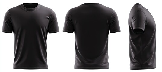 Three-view mockup of a black short-sleeved t-shirt