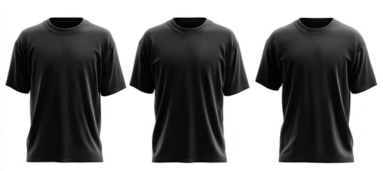 Three black t-shirts, presented in a row, with a white background