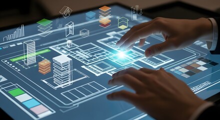 Close-up of human hands engaging with an illuminated digital interface, showcasing a blend of architectural blueprints, data visualizations, and interactive technology for future innovation