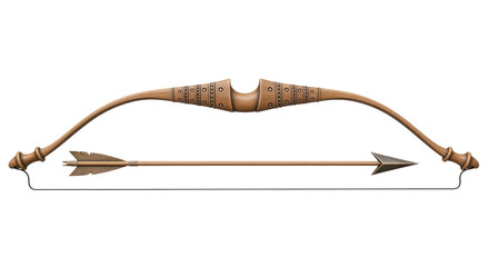 Isolated wooden bow and arrow, ancient weaponry, hunting instrument, projectile weapon