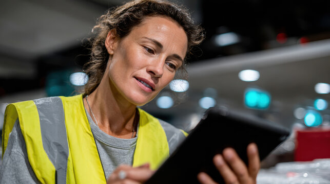 This image captures a dedicated female worker in a yellow vest using a digital device in a busy warehouse environment, representing modern logistics and efficiency.