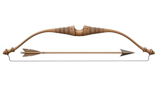 Isolated wooden bow and arrow, ancient weaponry, hunting instrument, projectile weapon