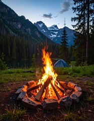 Campfire in a serene mountain setting at dusk