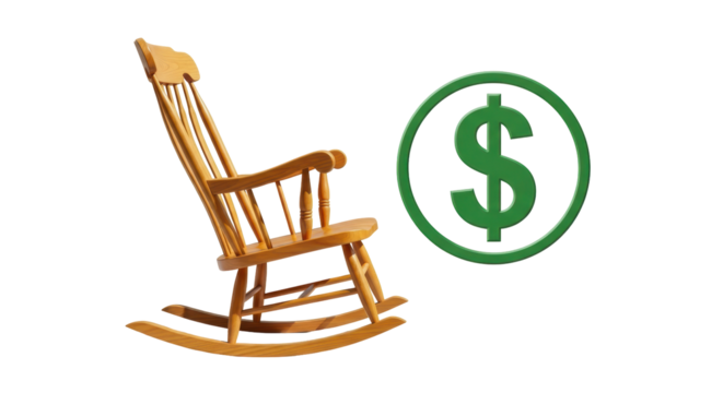 Isolated illustration of golden rocking chair beside a green dollar symbol, retirement plan concept