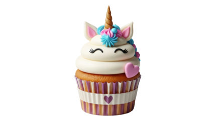 Isolated fancy unicorn-themed cupcake; a sweet, decorative treat with colorful frosting
