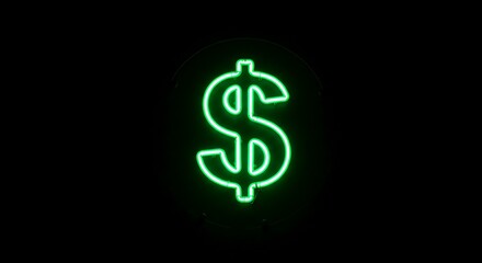 Fototapeta premium Glowing dollar sign green neon light effect isolated on black background for financial and business concepts